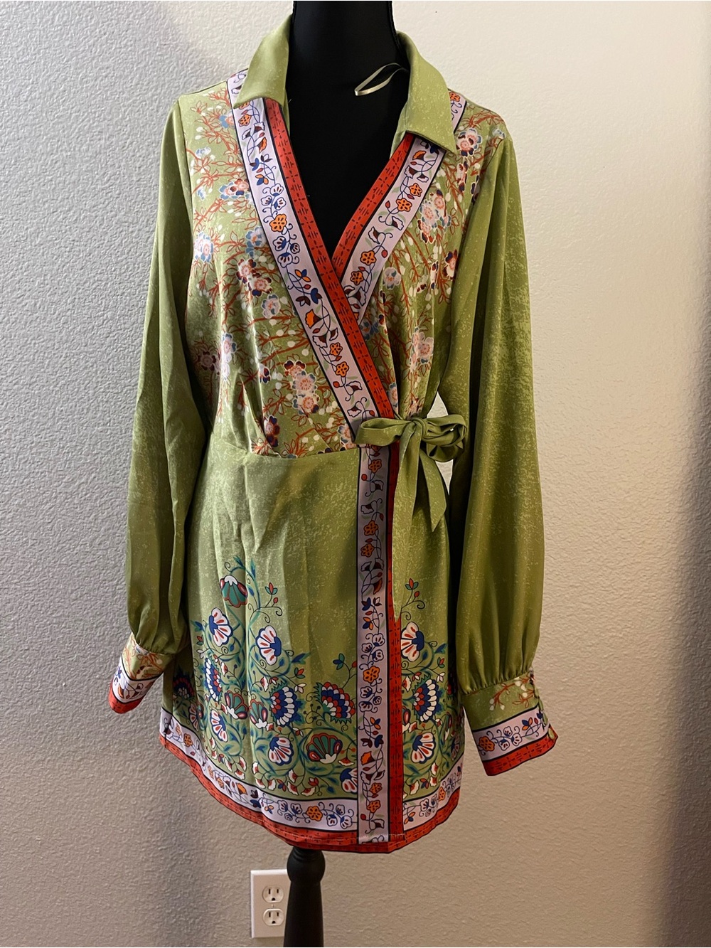 Urban Outfitters Olive Green Floral Wrap Dress with Border Trim